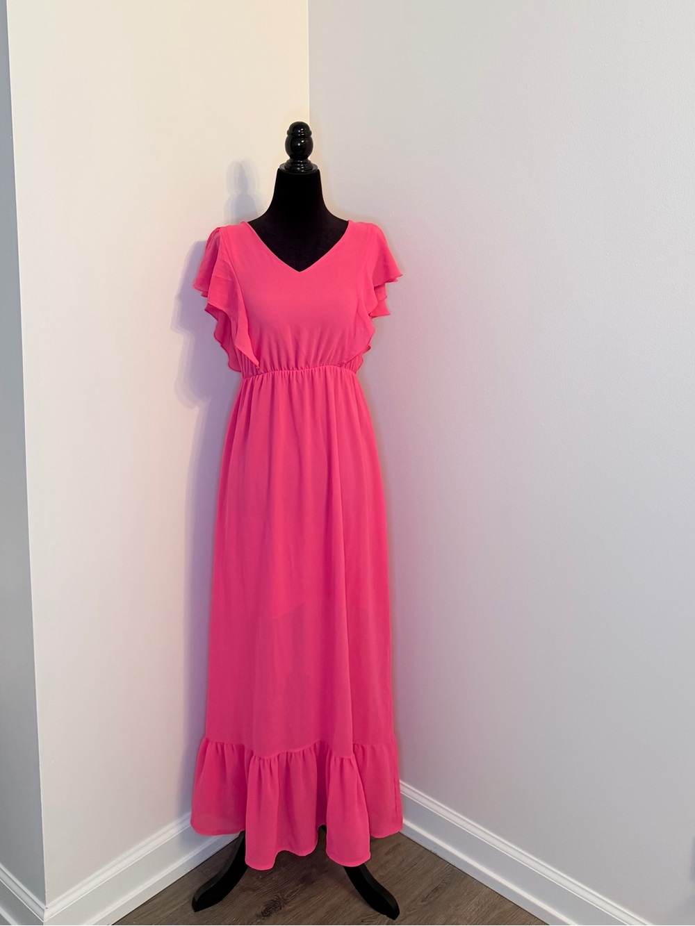 Pink Ruffle-Sleeve Maxi Dress